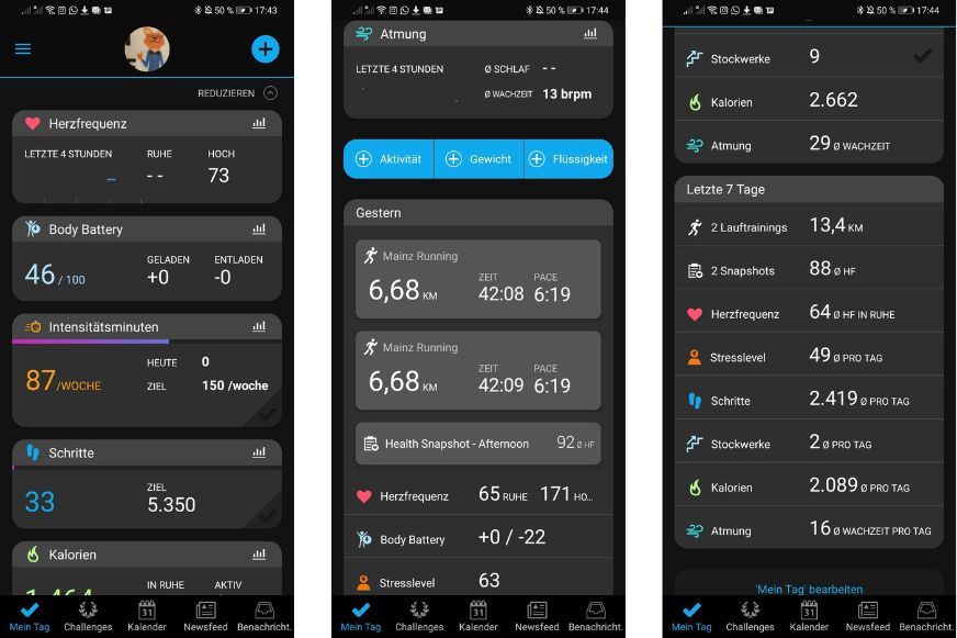 Man sieht das Menü der Garmin Connect App.